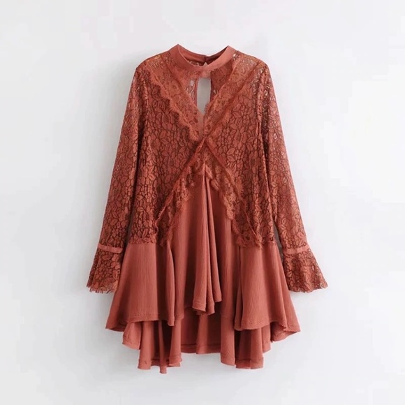 Boho Lace Keyhole Long Sleeve Tunic Blouse Dress - Picture 2 of 3